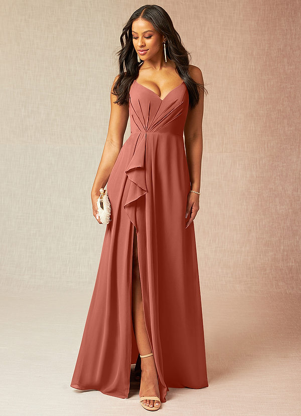 Azazie Kyedae Bridesmaid Dresses Clay A-Line V-Neck Pleated Chiffon Dress image1