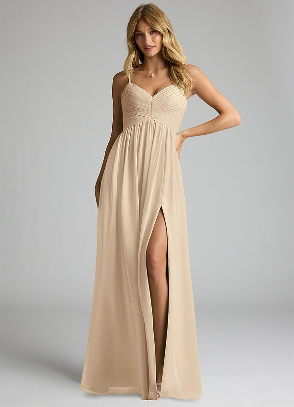 Azazie Alia Bridesmaid Dresses Champagne Flowy Pleated Chiffon Dress image1