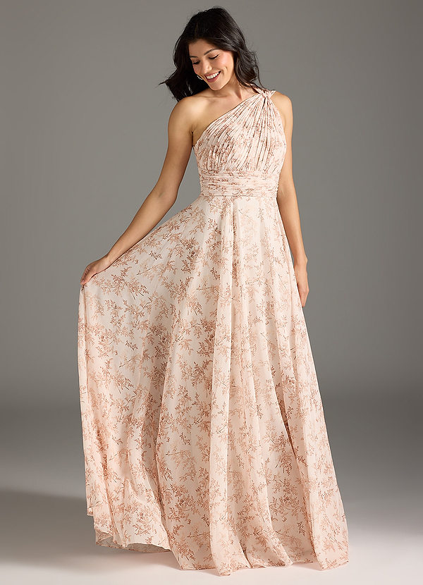 Azazie Charlize Robes Demoiselle d'honneur Robe Trapèze en Mousseline de soie Ue épaule Fougère Rose Florale image1