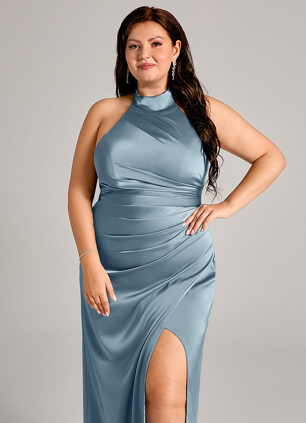 Azazie Jemma Abiti da Damigella Abito Tubino in Raso Elasticizzato Plissettato Blu Polveroso image1