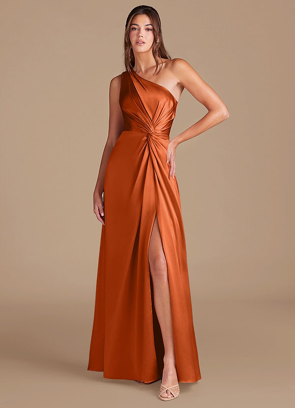 Azazie Brooke Bridesmaid Dresses Burnt Orange A-Line One Shoulder Metallic Satin Dress image1