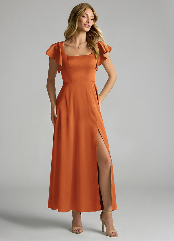 Azazie Bondi 신부 들러리 드레스 A라인 셔링 스트레치 새틴 발목 길이 드레스 image1