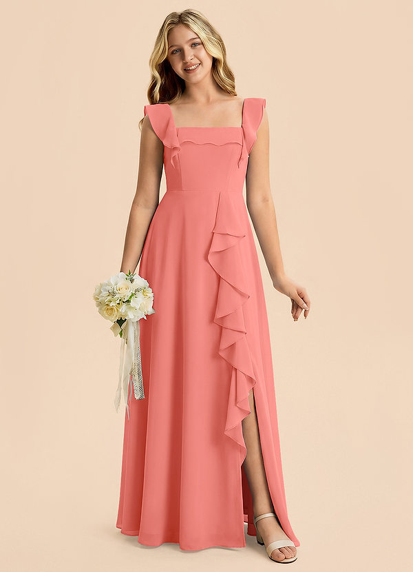 Azazie Nori Junior Salmon Pink A-Line Ruched Chiffon Dress image1