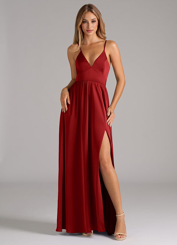 Azazie Aaida Brautjungfernkleider A-Linie Korsett Stretch-Satin Kleid Granatapfelrot image1
