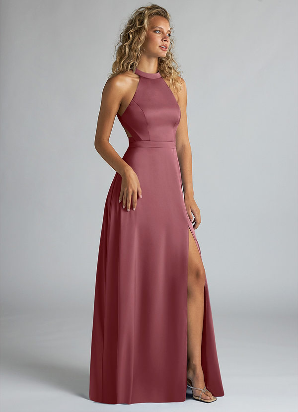 Azazie Clarice Bridesmaid Dresses Desert Rose A-Line High Neck Stretch Satin Dress image1