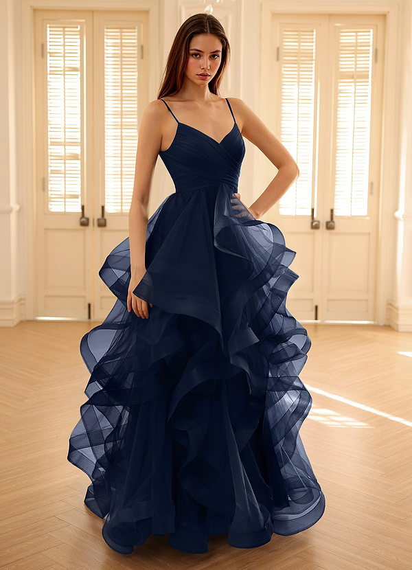 Carmencita Marine A-Linien-Rüschen-Abendkleid image1