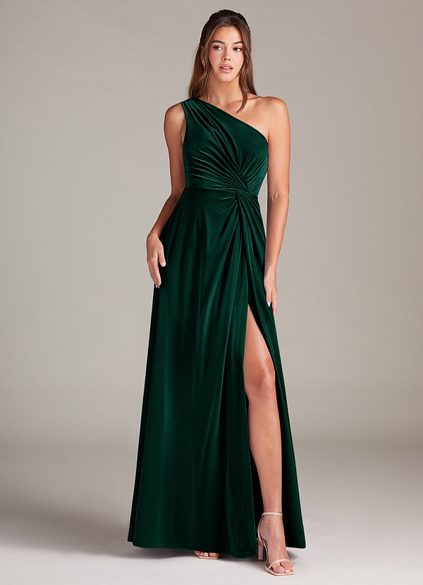Azazie Brooke Brautjungfernkleider A-Linie One-Shoulder Samt Kleid Smaragd image1