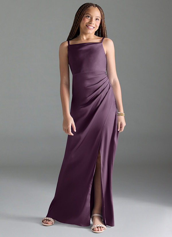 Azazie Leonis Junior Plum A-Line Pleated Stretch Satin Dress image1
