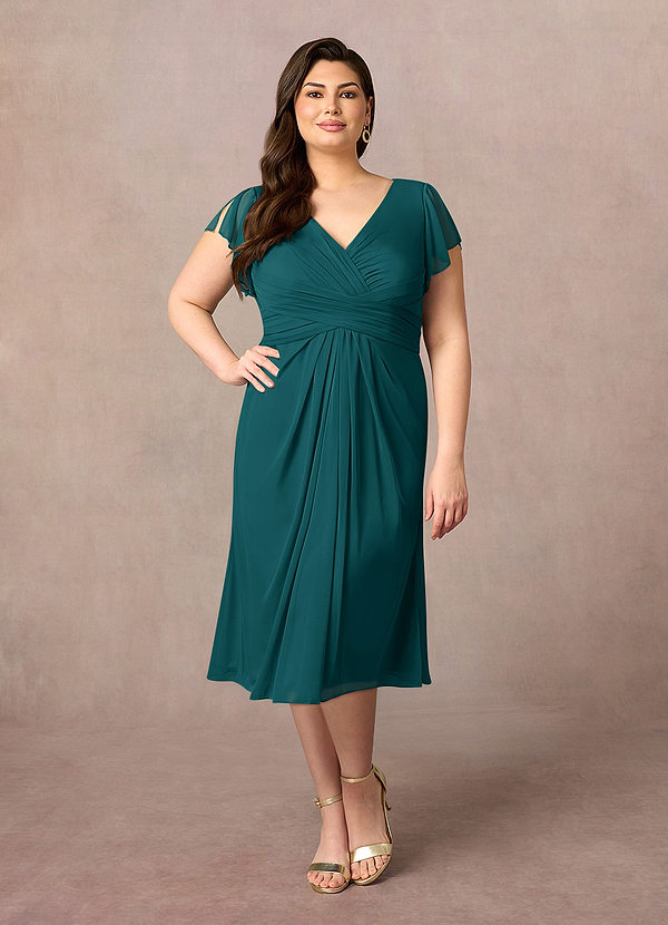 Azazie Vera Mother of the Brides Dresses Peacock A-Line V-Neck Pleated Mesh Dress image1
