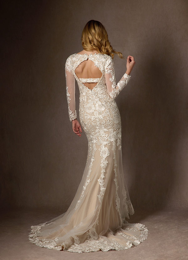 Azazie Dulce Amor Wedding Dresses Diamond White Nude Mermaid V-Neck lace Tulle Dress image1