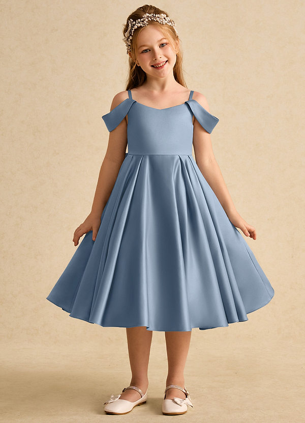 Azazie Favia Flower Girl Dresses Dusty Blue A-Line Off the Shoulder Matte Satin Dress image1