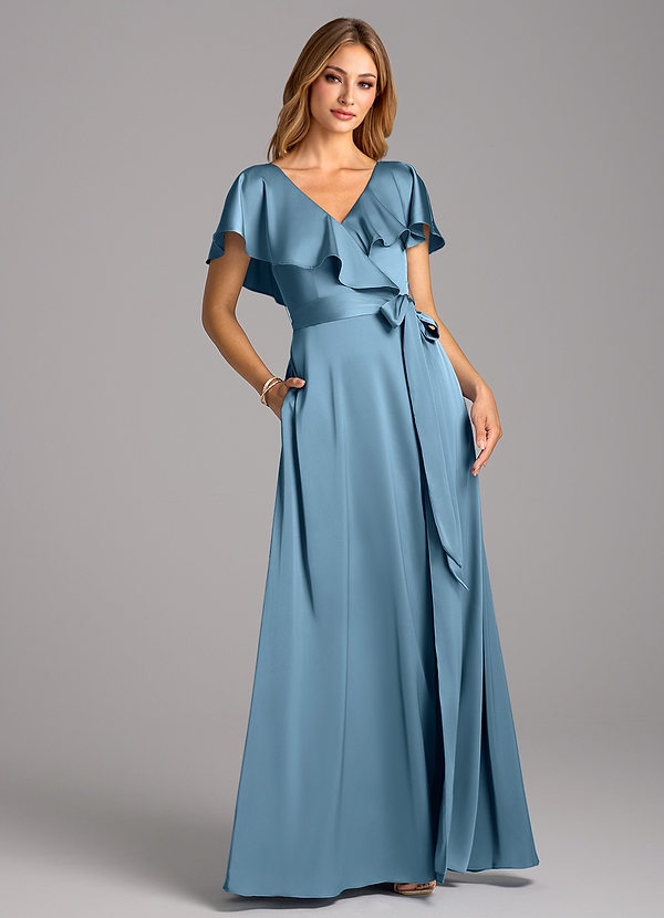 Azazie Lainey Brautjungfernkleider A-Linie mit Taschen Stretch-Satin Kleid Stahlblau image1