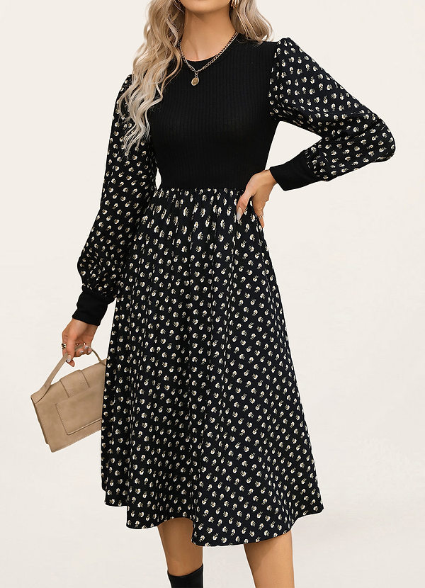 front Perry Black Floral Print Long Sleeve Midi Dress
