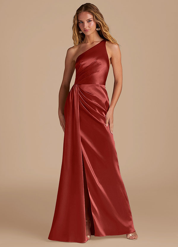 Azazie Mika Bridesmaid Dresses Rust Sheath One Shoulder Metallic Satin Dress image1