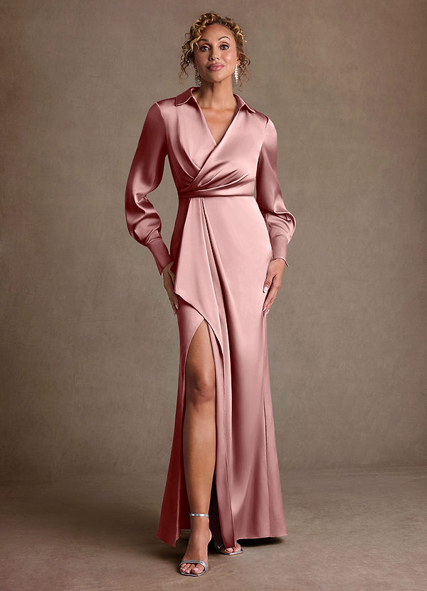 Azazie Jacinta Dusty Rose Sheath Pleated Stretch Satin Dress Ready