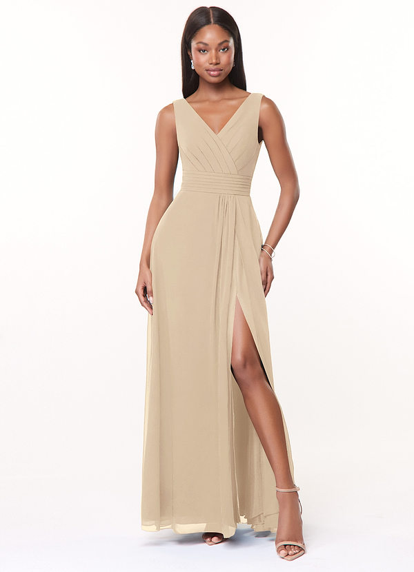 Azazie Karina Bridesmaid Dresses Champagne A-Line Pleated Chiffon Dress image1