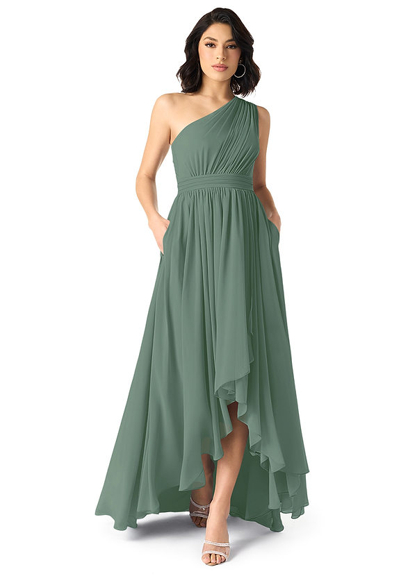 Azazie Mathilda Bridesmaid Dresses Eucalyptus A-Line One Shoulder Chiffon Dress image1