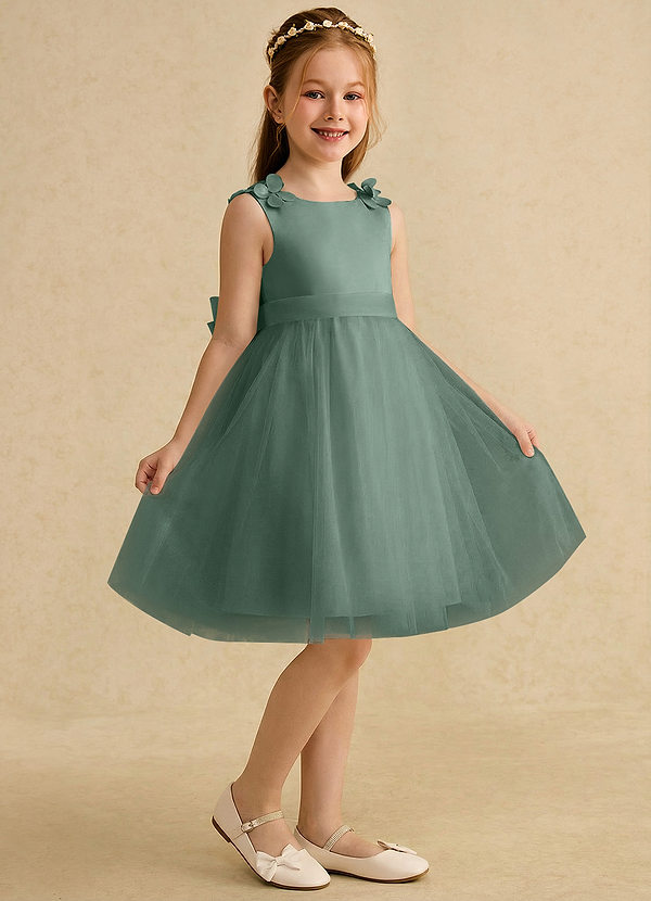 Azazie Lona Abiti da Ragazza di Fiori Abito A-Line in Raso Opaco Fiocco Eucalipto Eucalipto image1