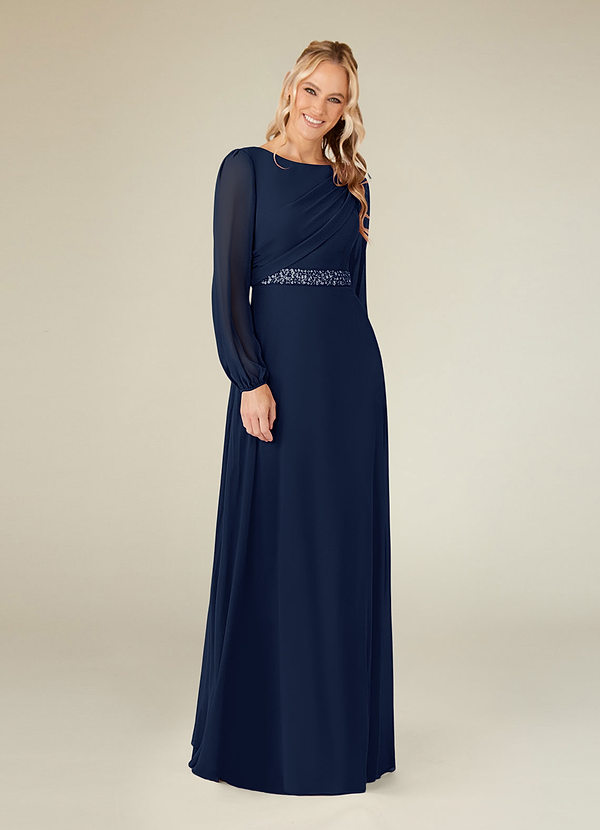 Azazie Priyanka Mother of the Brides Dresses Dark Navy A-Line Boatneck Pleated Chiffon Dress image1