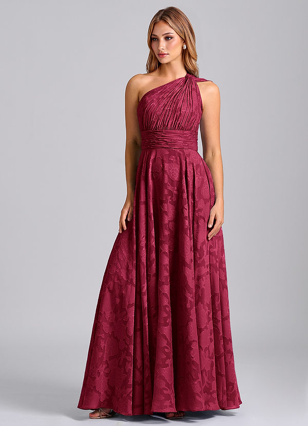 Azazie Charlize Bridesmaid Dresses Burgundy A-Line One Shoulder Floral Burnout Dress image1