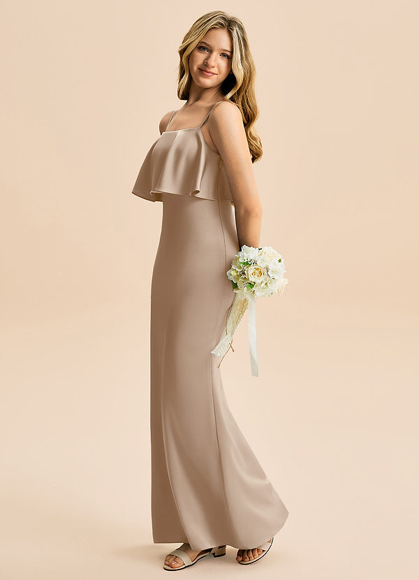 Azazie Galene Junior Taupe Mermaid Stretch Satin Dress image1