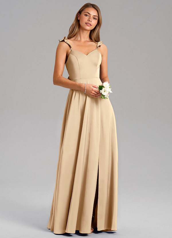 Azazie Everett Bridesmaid Dresses Champagne A-Line Stretch Satin Dress image1