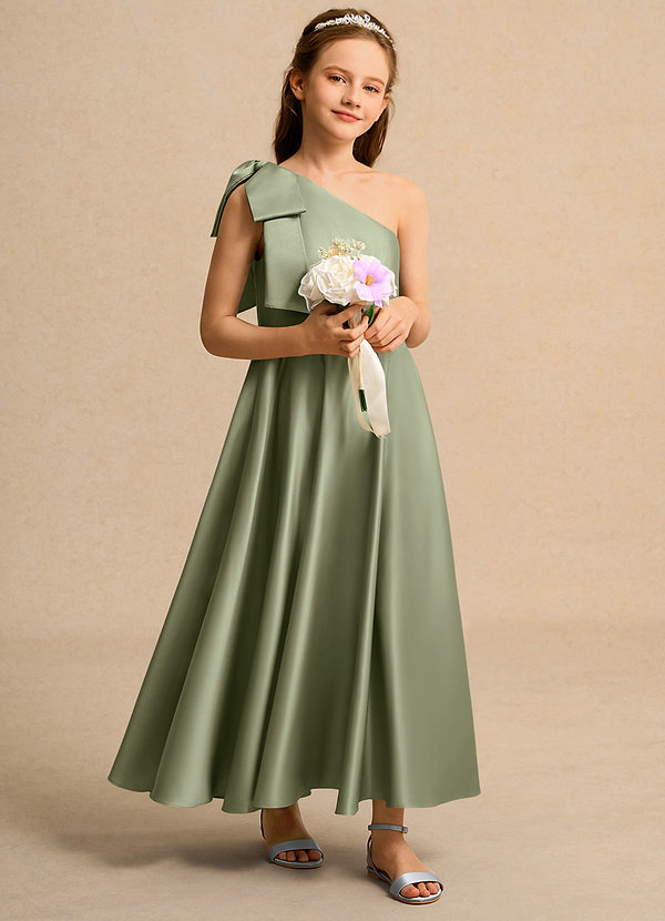 Azazie Guppy Girls Formal Sukienki dla dziewczynek sypiących kwiaty Linia A Jedno ramię Matowy satynowy Długość kostki Sukienka image1