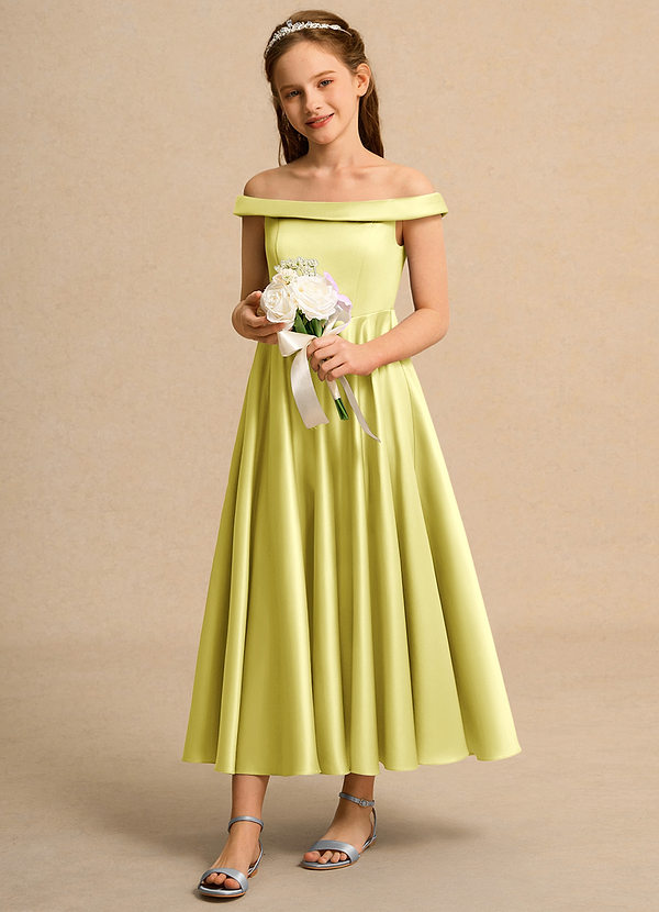 Azazie Teeny Girls Formal Abiti da Ragazza di Fiori Abito A-Line in Raso Opaco Plissettato Sorbetto Al Limone image1