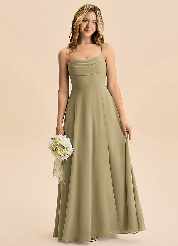 Azazie Bear Junior Moss Green A-Line Pleated Chiffon Dress image1