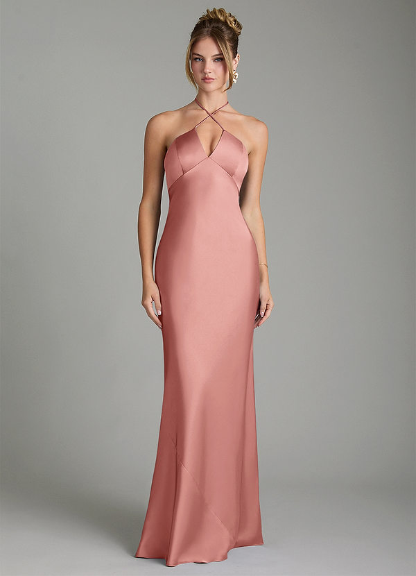 Azazie Camille Robes de demoiselle d'honneur Robe Fourreau en Satin extensible Fente Latérale Rosette image1