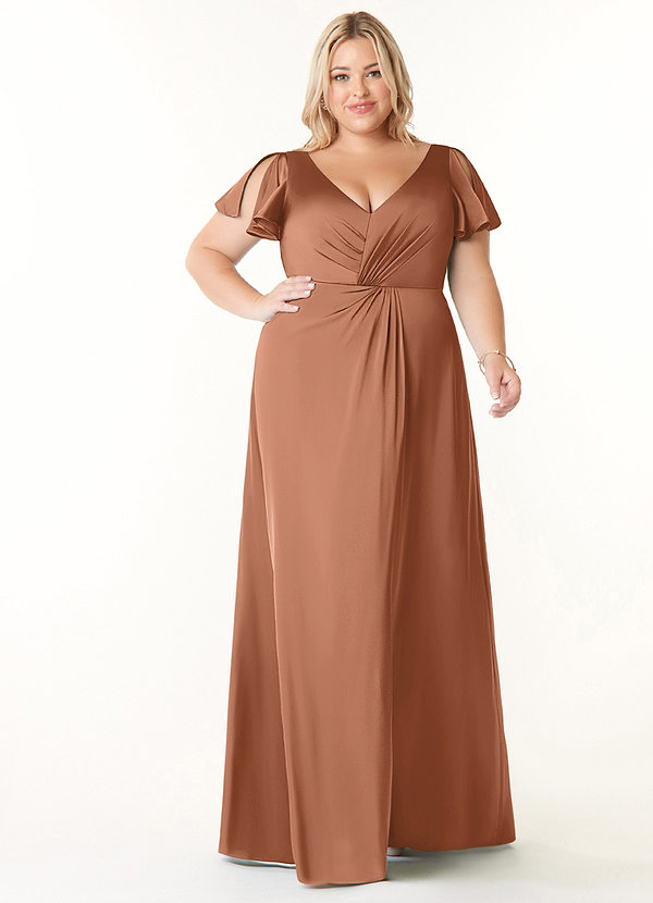 Azazie Soren Bridesmaid Dresses Bronzer A-Line Pleated Stretch Satin Dress image1