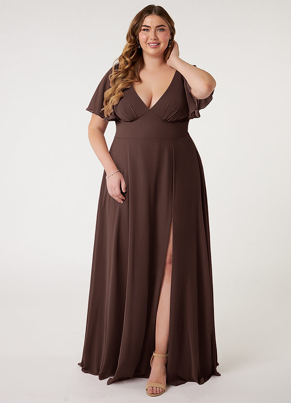 Azazie Kimber Bridesmaid Dresses Ganache A-Line Flounce Sleeve Chiffon Dress image1