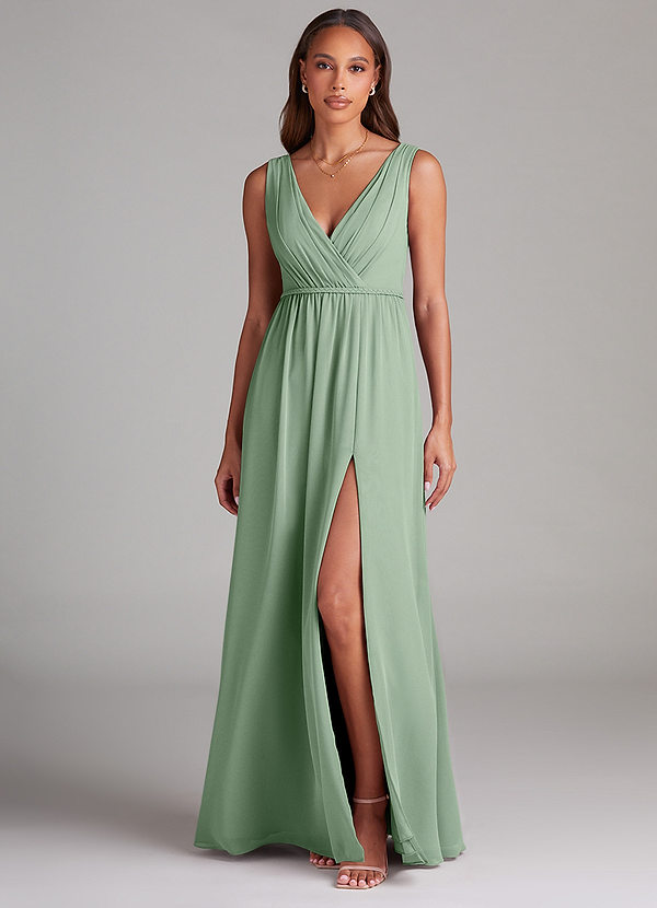Azazie Tanicia Brautjungfernkleider A-Linie Plissee Chiffon Kleid Matcha image1