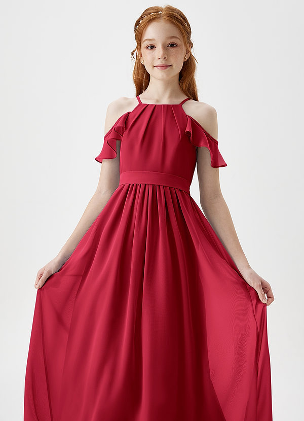 Azazie Chaya Junior Scarlet A-Line Off the Shoulder Chiffon Dress image1