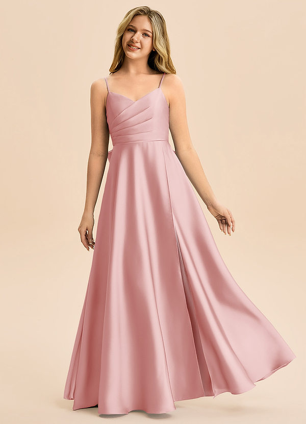 Azazie Rumi Junior Powder Pink A-Line Pleated Stretch Satin Dress image1