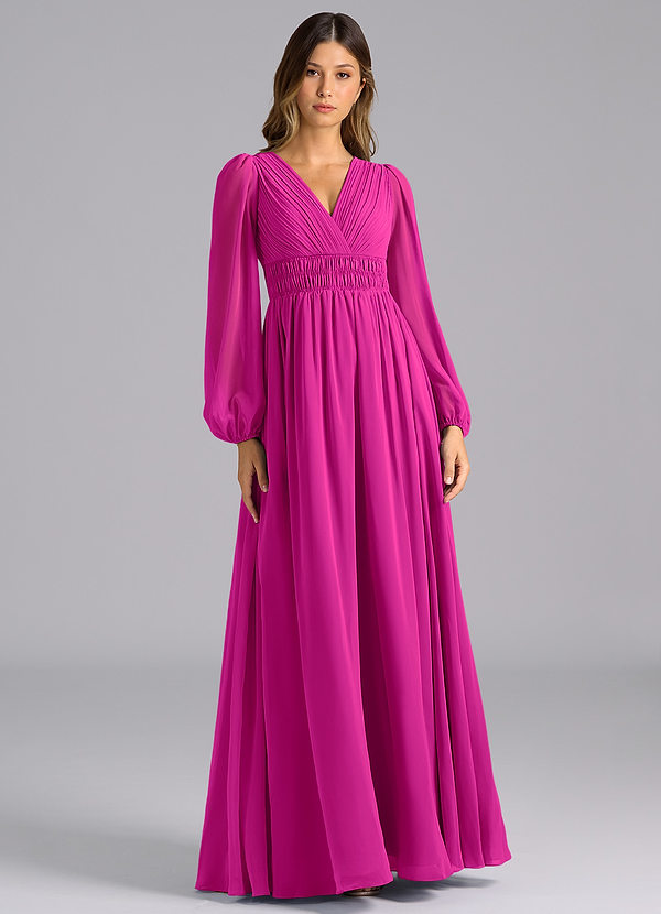 Azazie Palerma Bridesmaid Dresses Fuchsia A-Line Long Sleeve Chiffon Dress image1