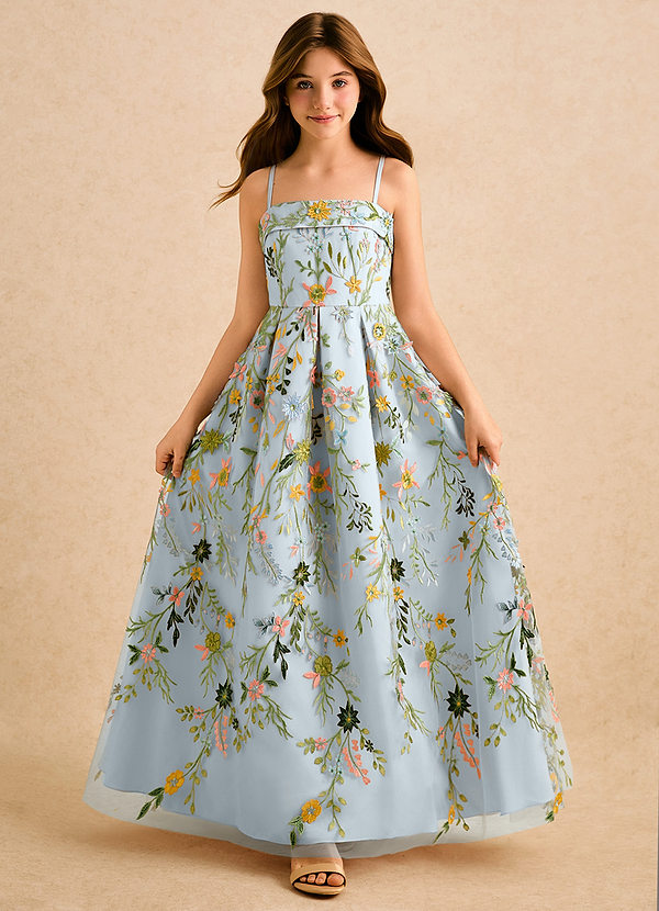 Azazie Lark Girls Formal Blomsterpigekjoler A-Line Plisseret Blonder Gulv-længde Kjole image1