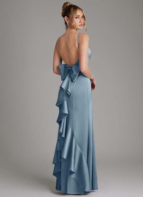 Azazie Zherra Robes de demoiselle d'honneur Robe Sirène en Satin extensible Nœud Bleu Poussiéreux image1