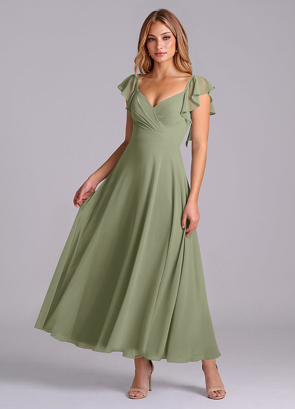 Azazie Leilani 신부 들러리 드레스 A라인 셔링 쉬폰 발목 길이 드레스 image1