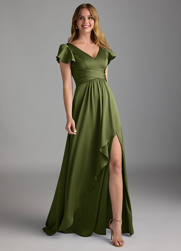 Azazie Omari Bruidsmeisjes Jurken Jurk van Stretch Satijn met A-Lijn Olijf image1