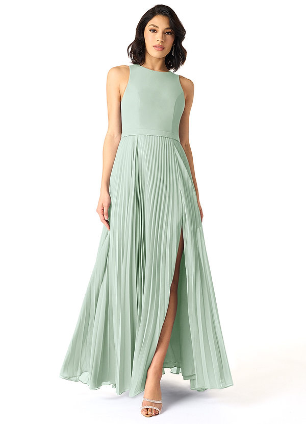 Azazie Lindie Bridesmaid Dresses Agave A-Line Scoop Pleated Chiffon Dress image1