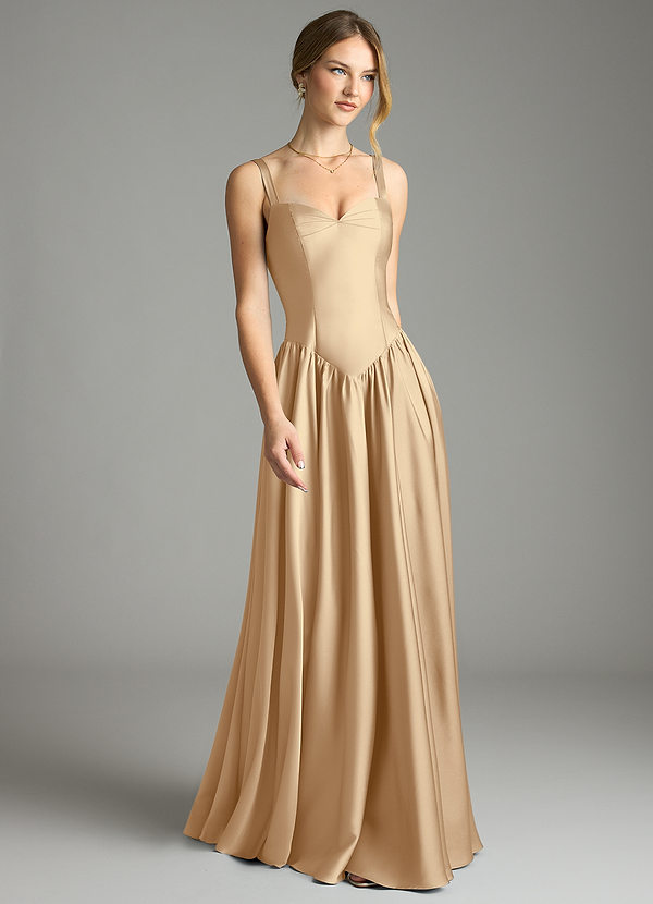 Azazie Evadina Vestidos Dama de Honor Vestido de Champán de Satén Elástico de Corte en A con Corsé image1