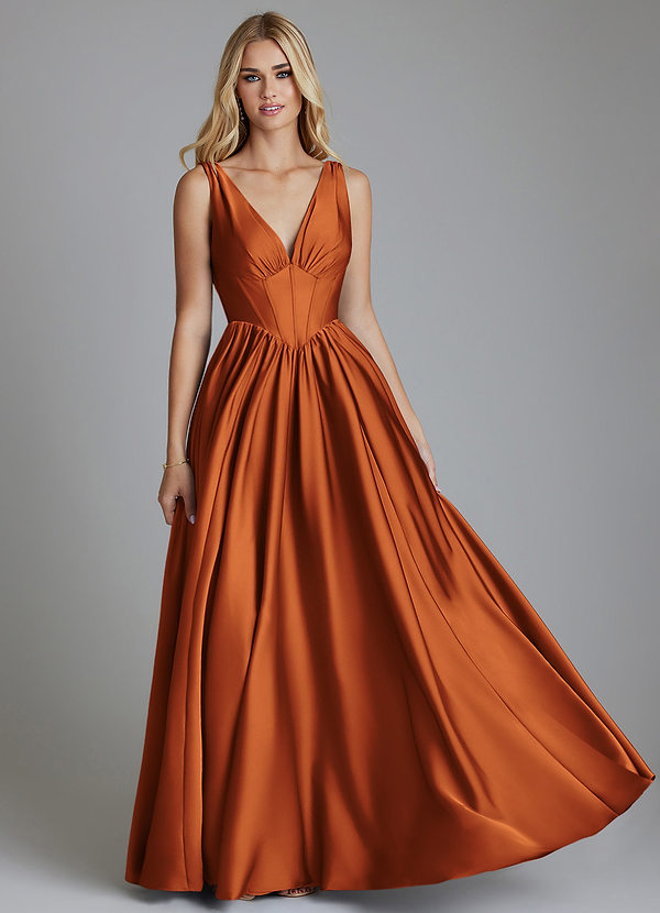 Azazie Delmie Bridesmaid Dresses Cinnamon A-Line Corset Stretch Satin Dress image1