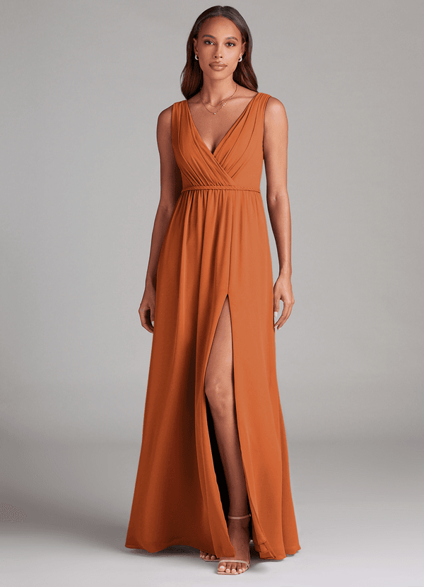 Azazie Tanicia Bridesmaid Dresses Cinnamon A-Line Pleated Chiffon Dress image1