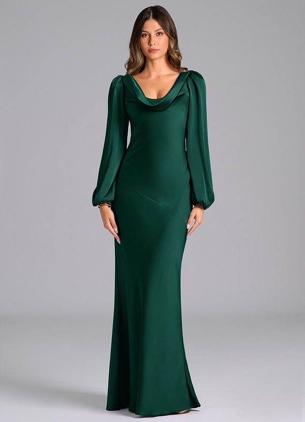 Azazie Melani Bridesmaid Dresses Emerald Mermaid Long Sleeve Stretch Satin Dress image1