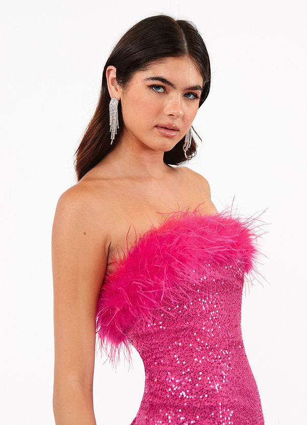 back Hollywood Hills - Mini robe moulante rose vif à plumes et sequins