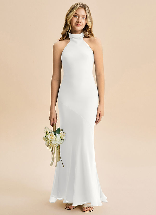 Azazie Velli Junior Meerjungfrau-Linie Hoher Kragen Chiffon Kleid Weiß image1