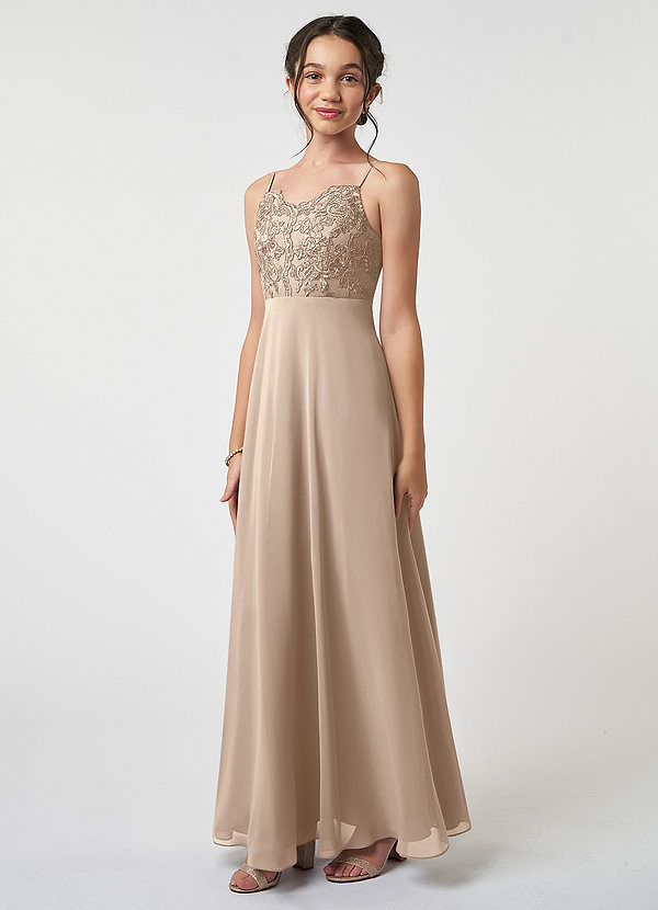 Azazie Sonya Junior Taupe A-Line Lace Chiffon Dress image1