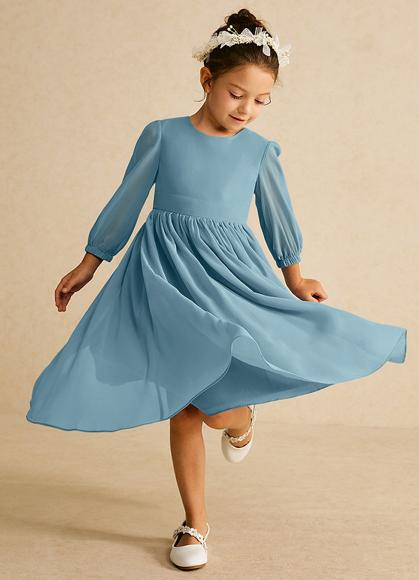 Azazie Lolo Robes de Fillette d'Honneur Robe Trapèze en Mousseline de soie avec manches Bleu Maussade image1