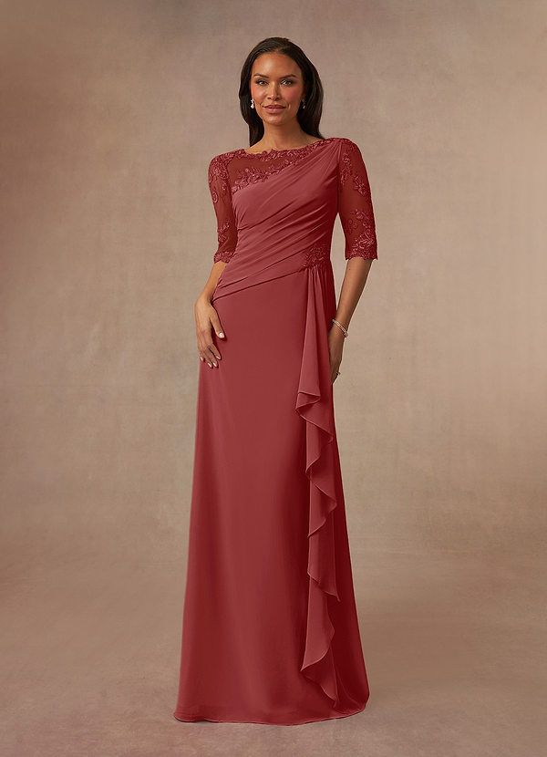 Azazie Dionysus Vestidos de Madre de la Novia Vestido de Óxido de Gasa de Corte en A con Encaje cuello barco image1